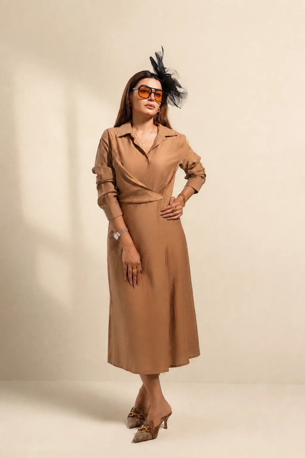 Camel Shirt Midi Dress | Women's Button Front Waist Dress