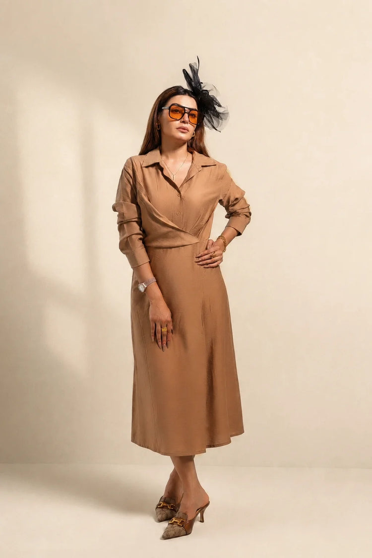 Camel Shirt Midi Dress | Women's Button Front Waist Dress