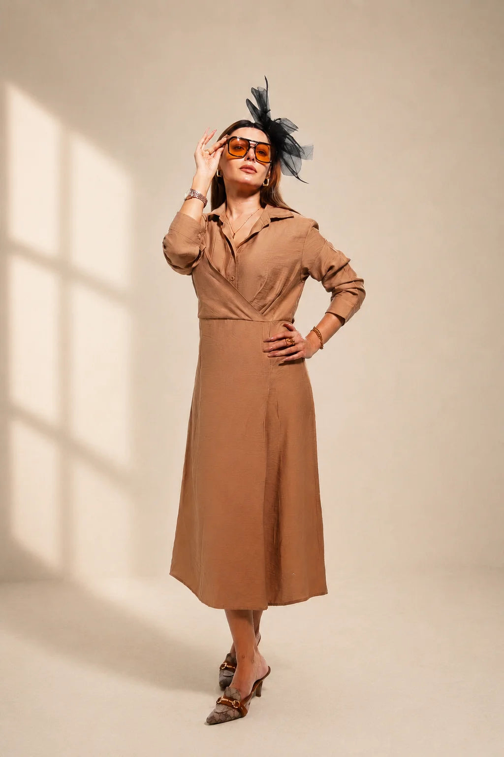 Camel Shirt Midi Dress | Women's Button Front Waist Dress