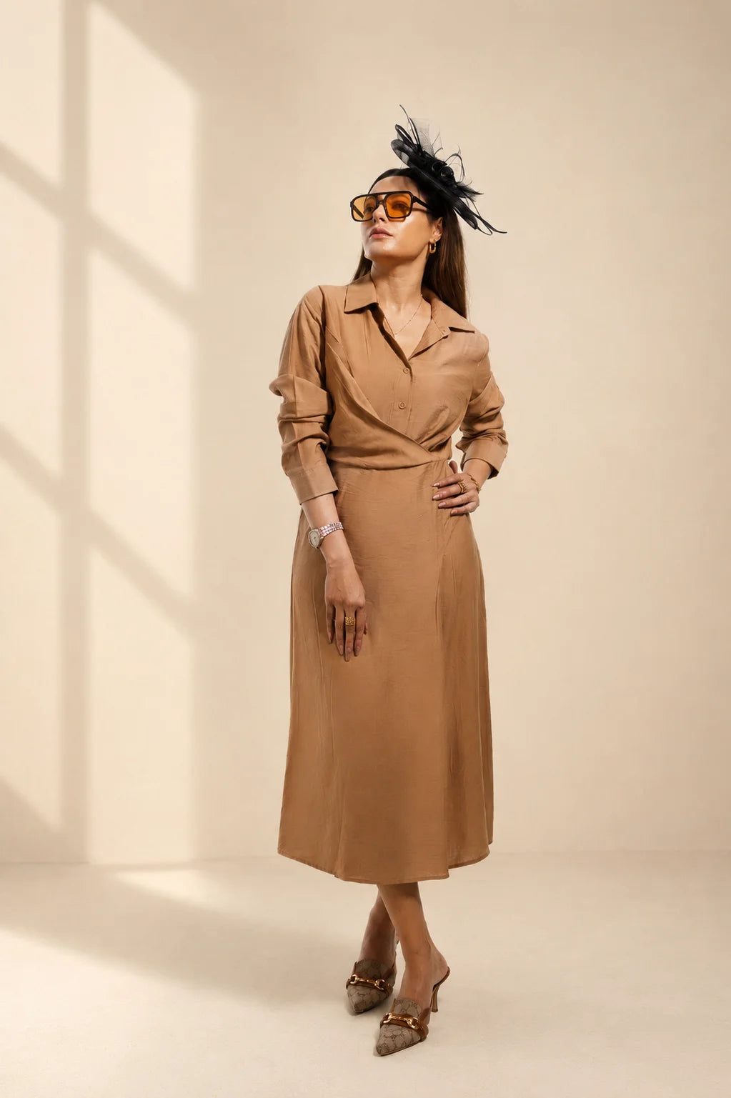 Camel Shirt Midi Dress | Women's Button Front Waist Dress
