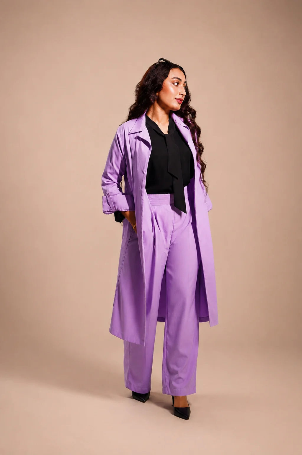 Lavender 3-Piece Set for Women | Long Coat & Wide-Leg Trousers