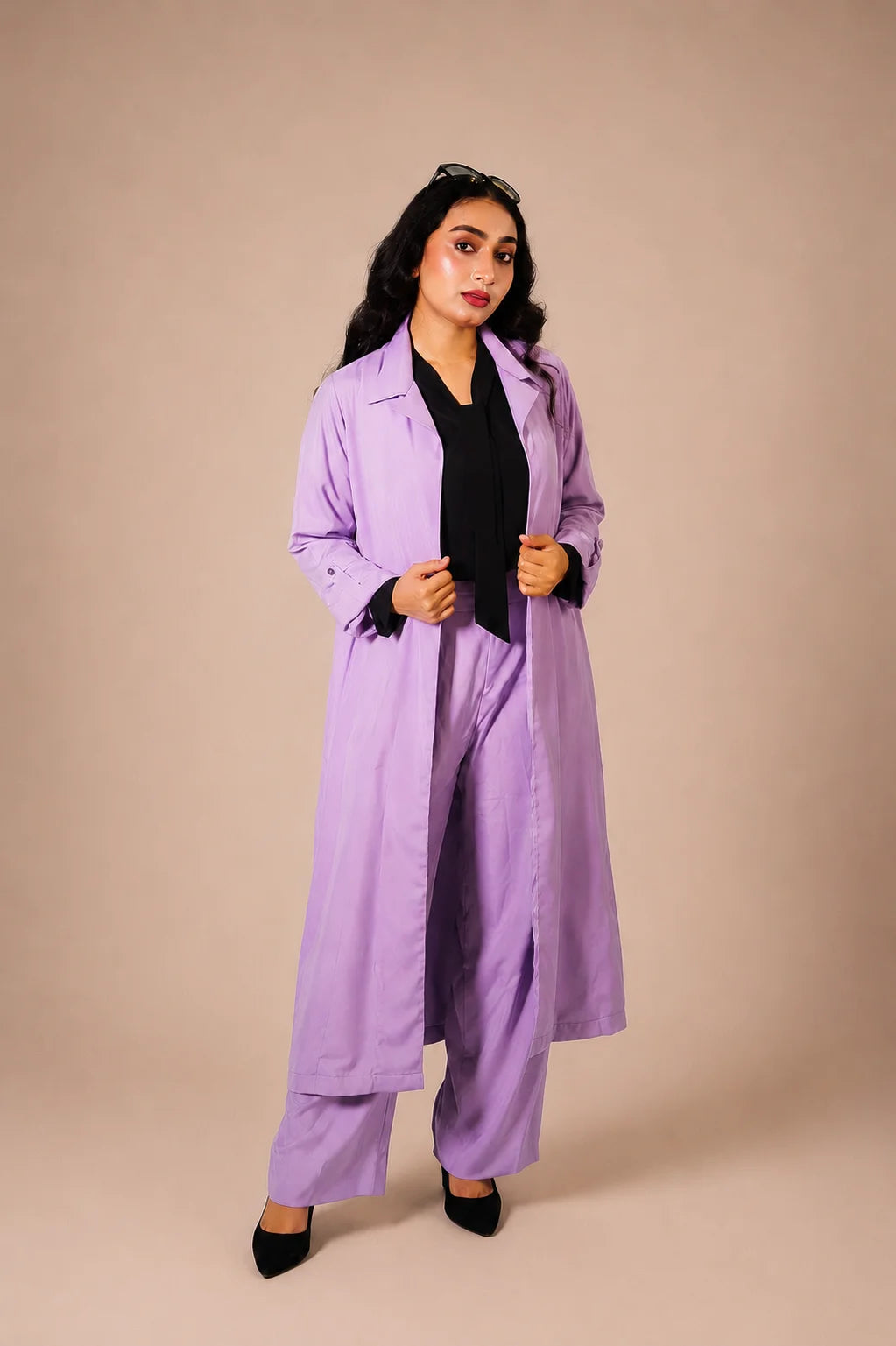 Lavender 3-Piece Set for Women | Long Coat & Wide-Leg Trousers