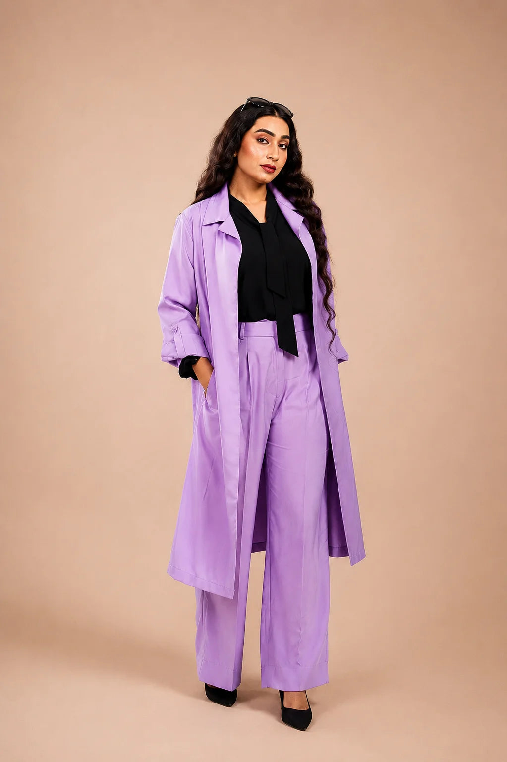 Lavender 3-Piece Set for Women | Long Coat & Wide-Leg Trousers