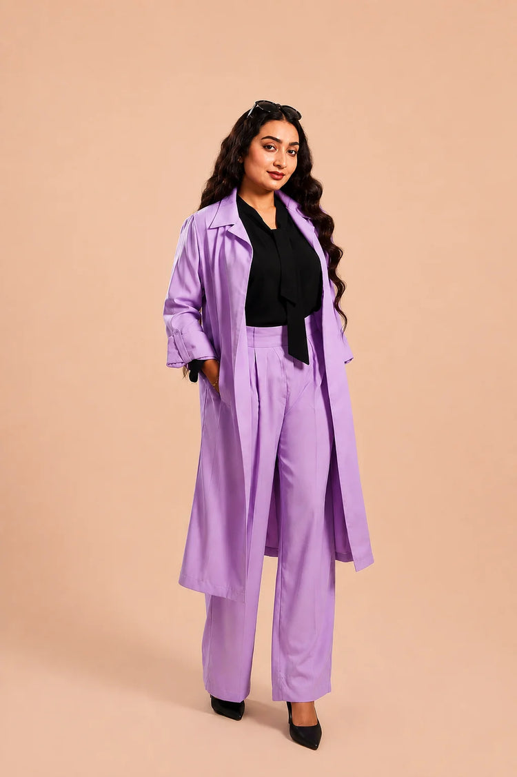 Lavender 3-Piece Set for Women | Long Coat & Wide-Leg Trousers