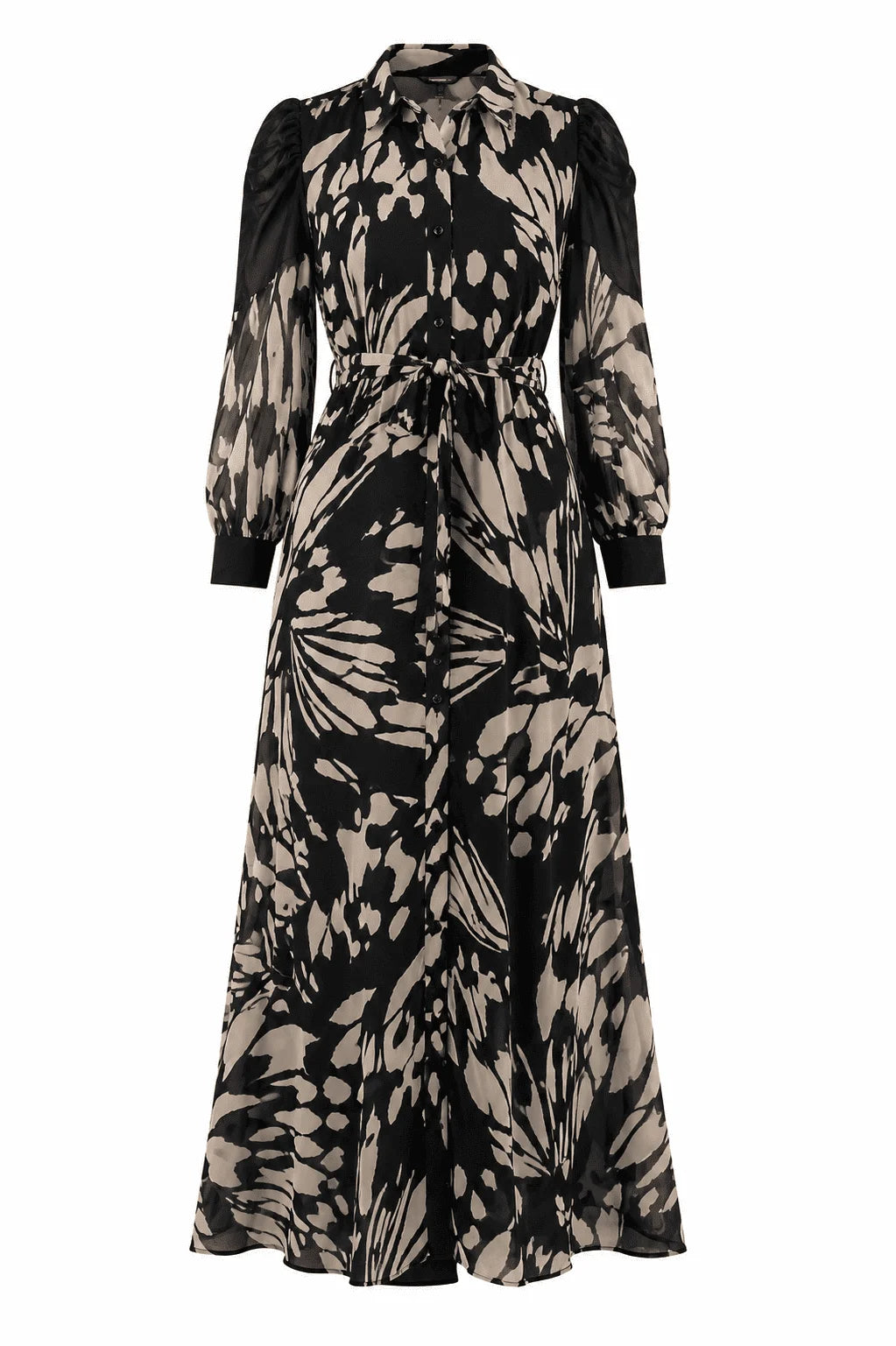 Black & Cream Abstract Print Tie-Waist Maxi Dress